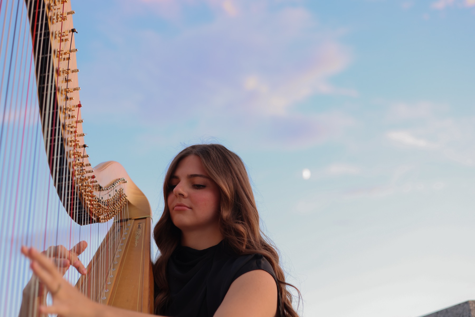 Portrait session with a harp at golden hour